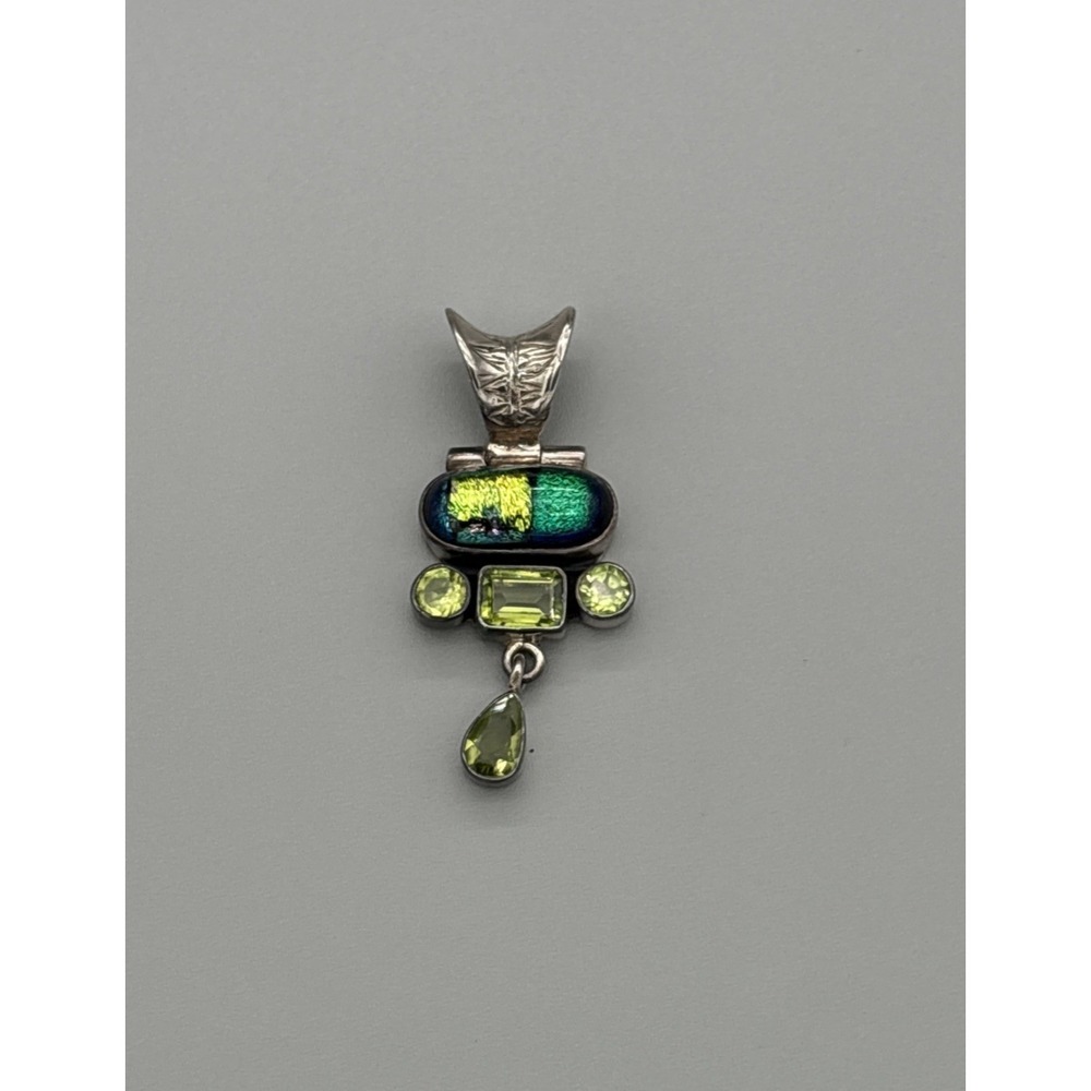 Sterling Silver 925 Artisan Multicolor Green Pendant Dichroic Glass Modernist